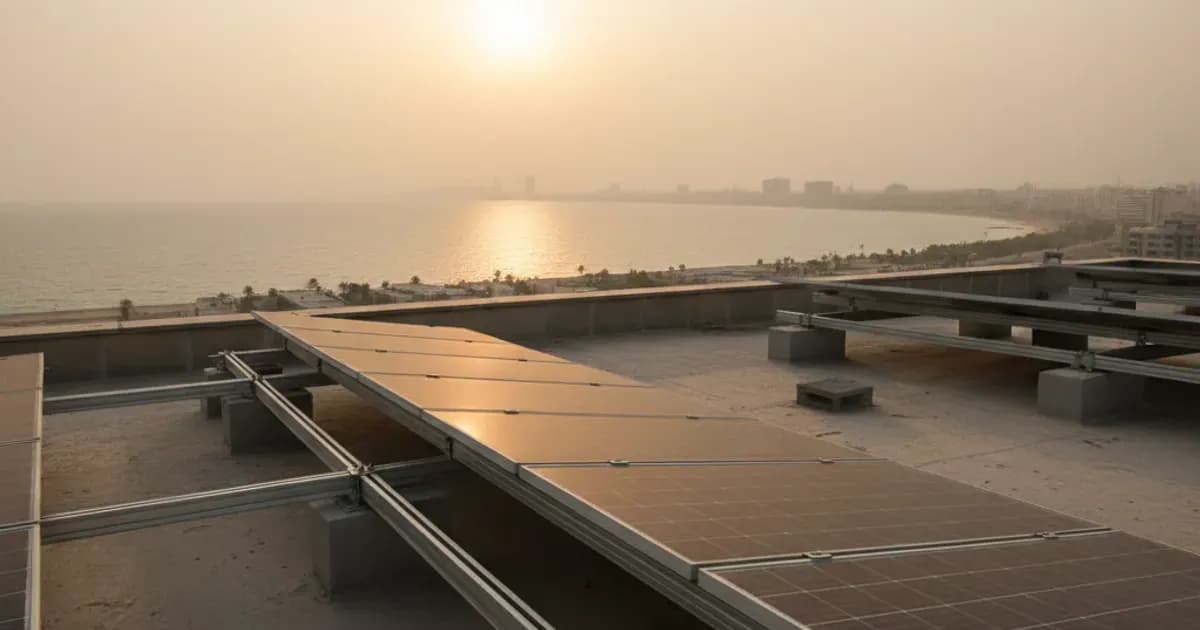 Solar panels on a Jeddah rooftop with the Red Sea coastline visible in the hazy distance — SolarNevs spec card