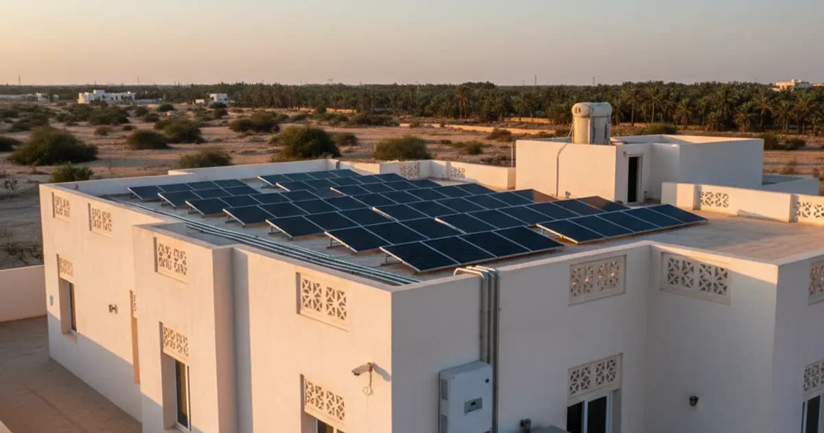 A complete rooftop solar installation on a Saudi villa with panels, conduit runs and a wall-mounted inverter — SolarNevs spec card