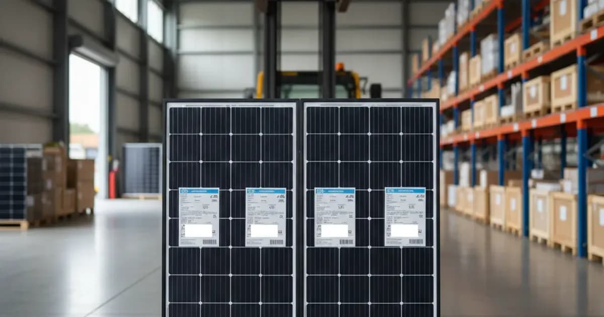 A stack of large-format LONGi solar modules on a pallet in a Saudi warehouse, rear labels facing the camera — SolarNevs spec card