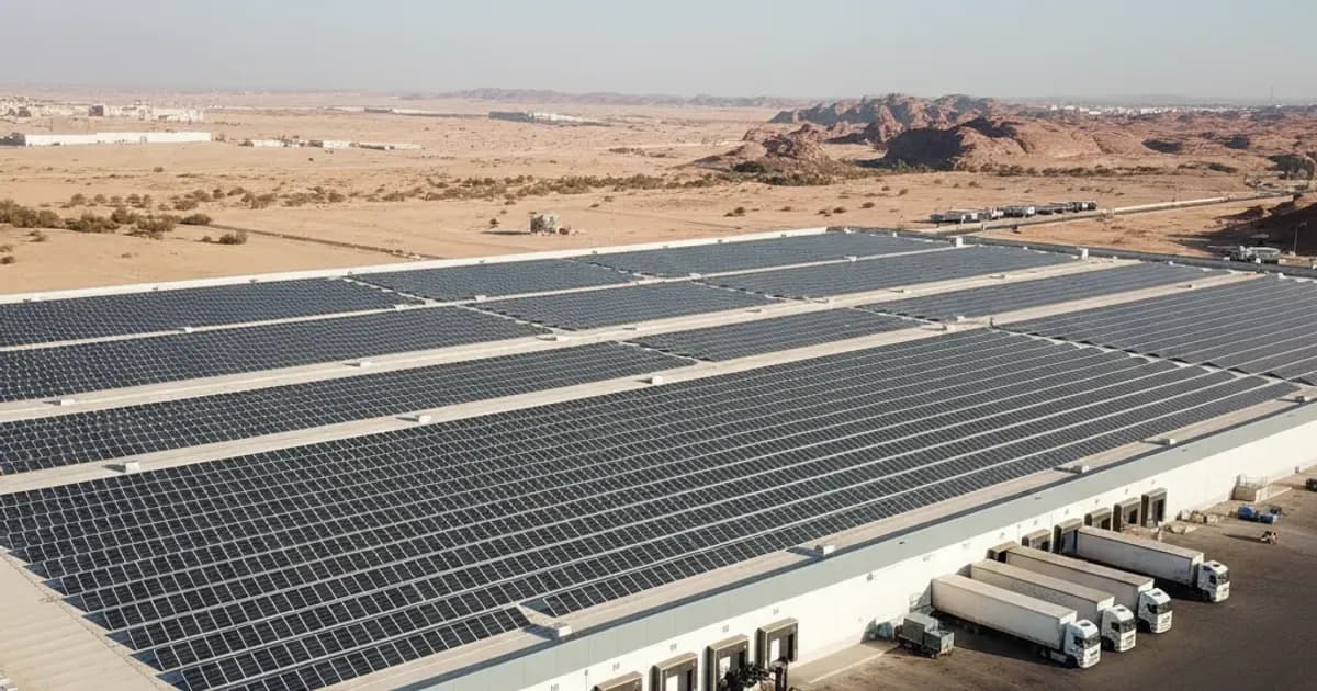 Solar panels covering the flat roof of a large commercial warehouse in Saudi Arabia — SolarNevs spec card