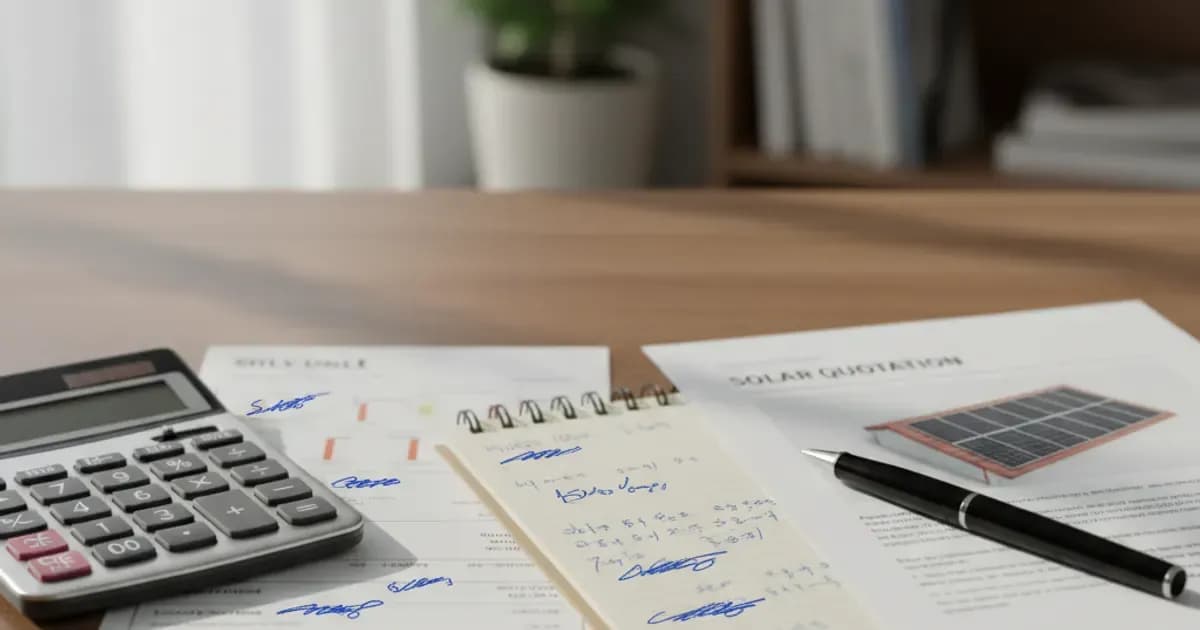 A calculator, a printed SEC electricity bill and a solar quotation laid out on a desk — SolarNevs spec card