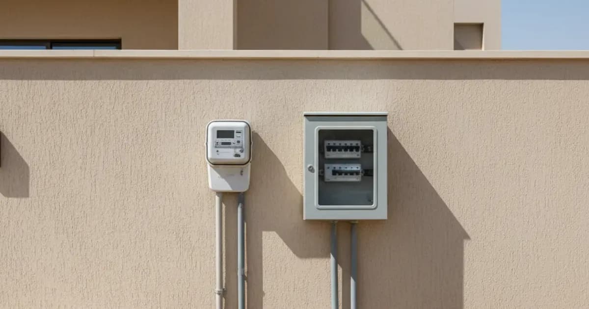 A Saudi electricity meter and distribution board on a villa wall in bright sunlight — SolarNevs spec card