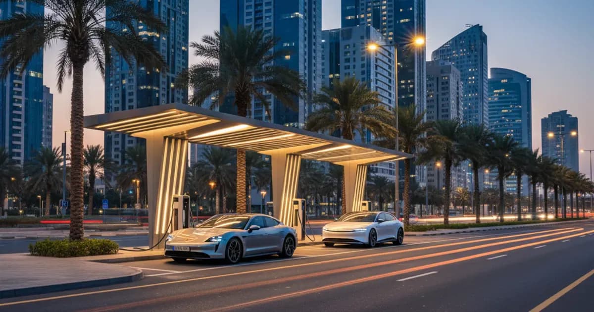 A public DC fast-charging station with an electric car plugged in on a Saudi city street at dusk — SolarNevs spec card