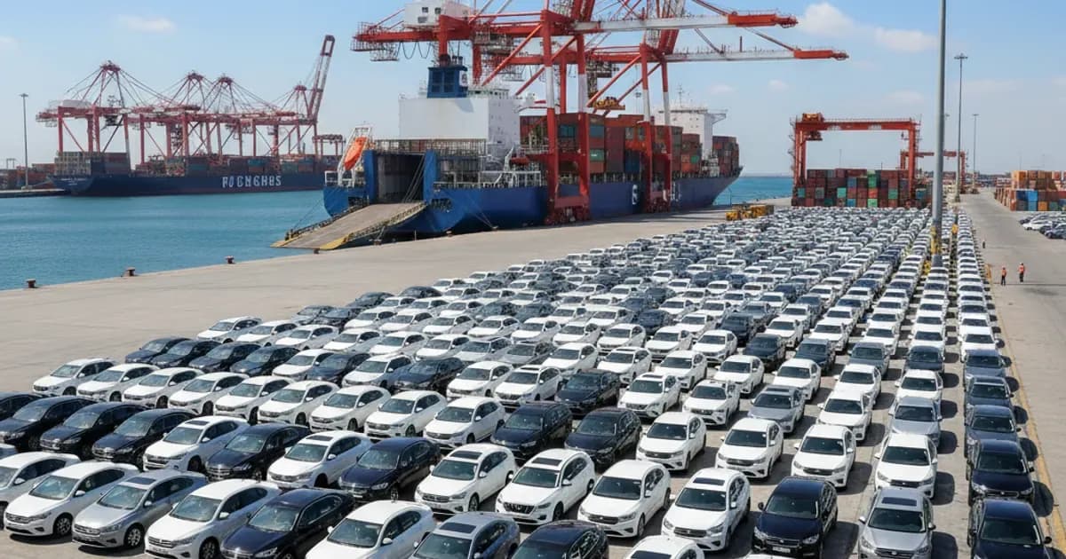 Imported cars on a ro-ro vessel being unloaded at a Saudi port under bright coastal light — SolarNevs spec card