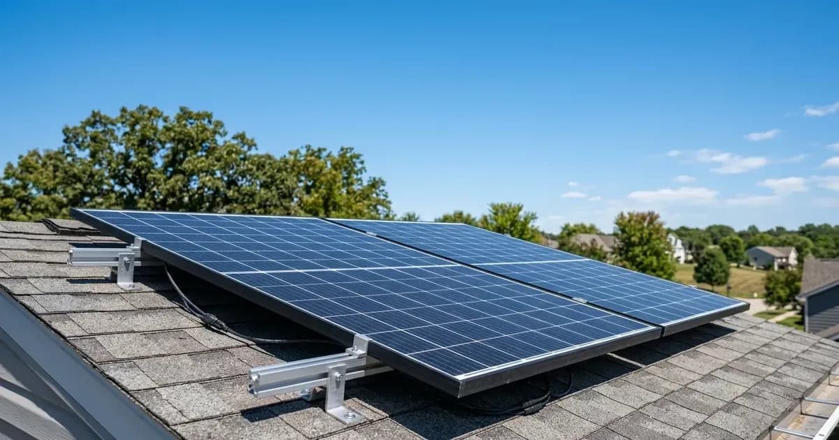 Two solar panels mounted on aluminum rails on a shingle rooftop against a clear blue sky. — SolarNevs spec card