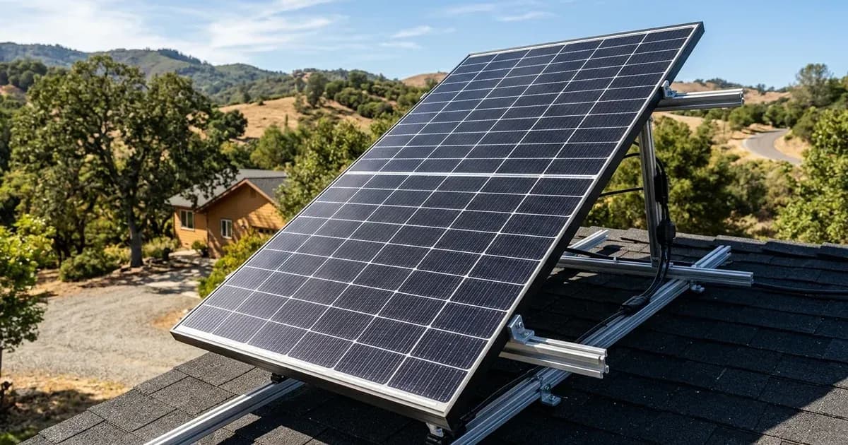 A single solar panel mounted at an angle on a rooftop overlooking hills and green trees. — SolarNevs spec card