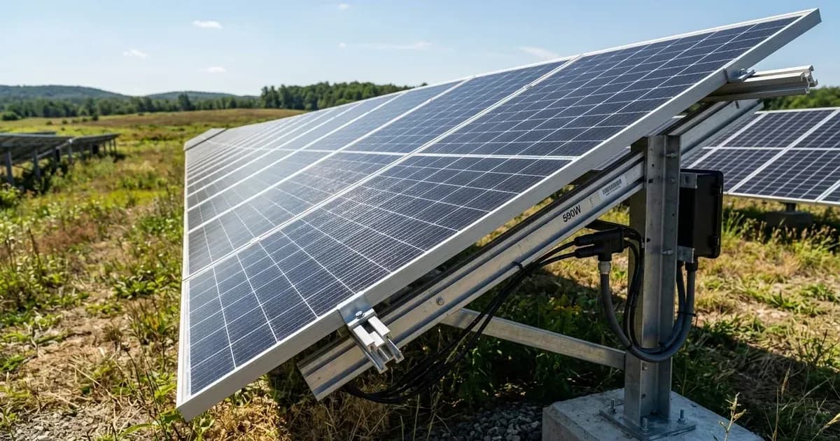 A ground-mounted solar panel array installed on metal framing in an open grassy field under sunlight. — SolarNevs spec card