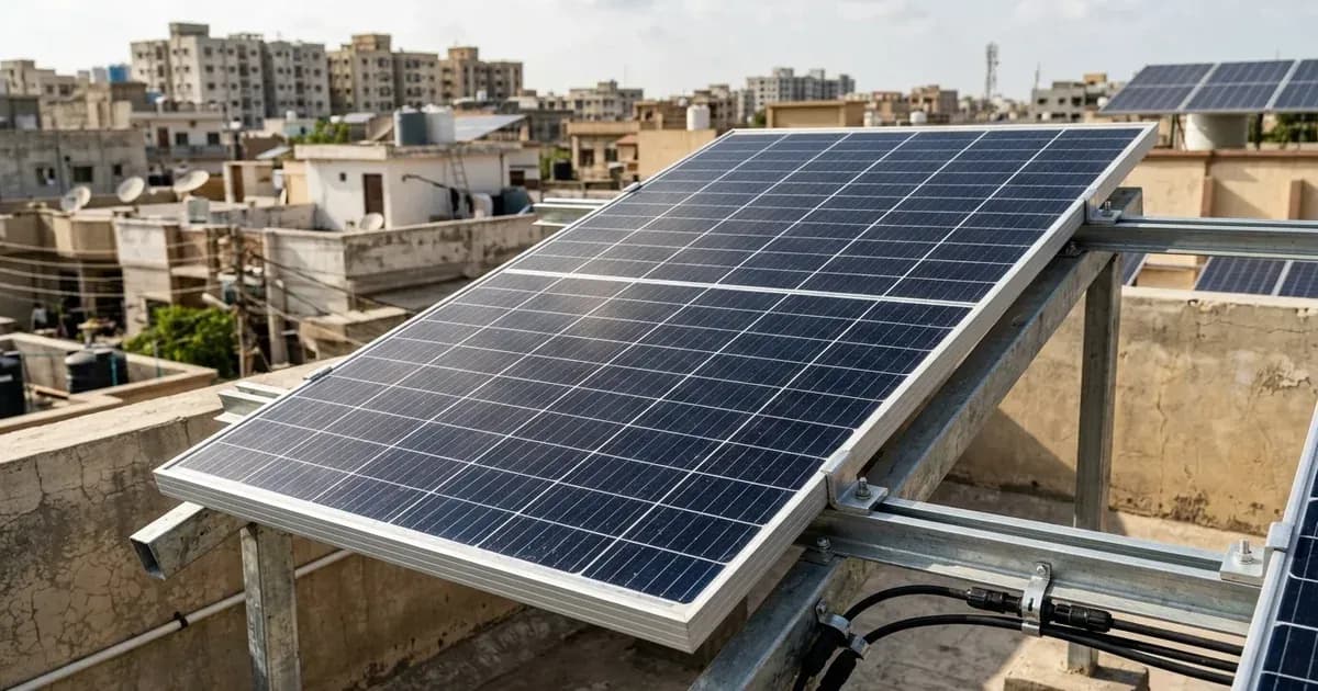 A monocrystalline solar panel mounted on a metal frame on an urban rooftop under daylight. — SolarNevs spec card