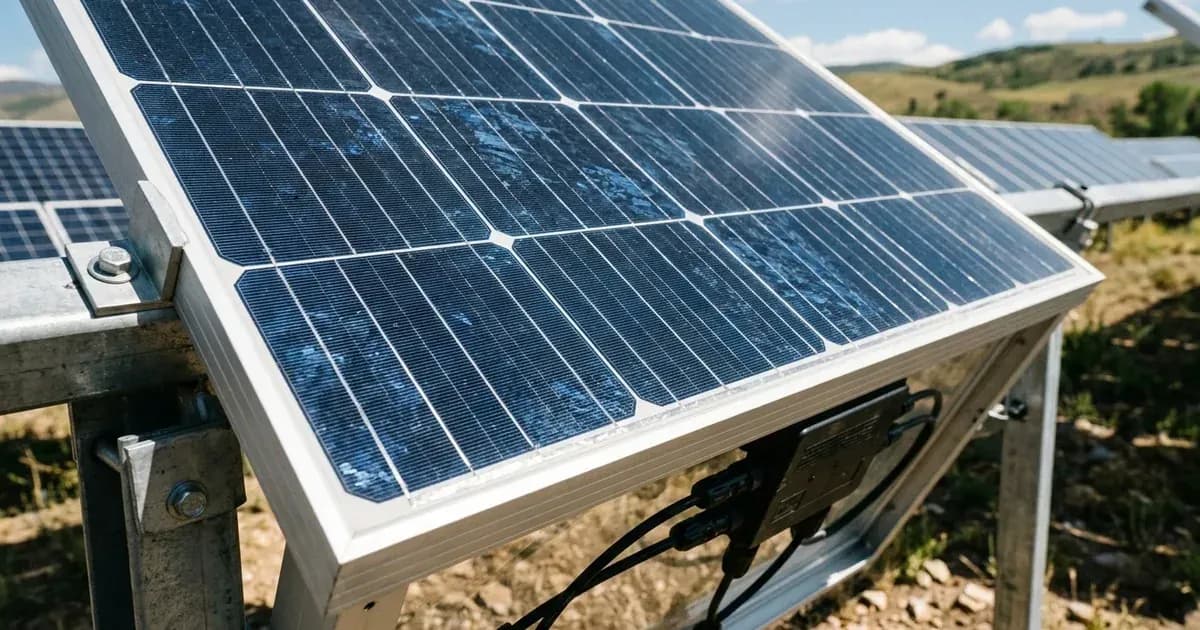 A close-up view of a photovoltaic solar panel showing cell grid lines mounted outdoors on a metal racking system. — SolarNevs spec card