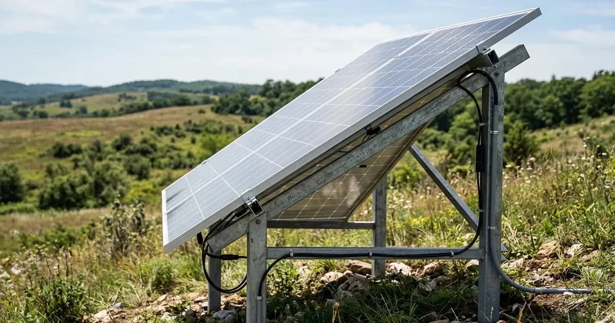 A bifacial solar panel mounted on a metal frame showing the front glass and underside cells in an open field. — SolarNevs spec card