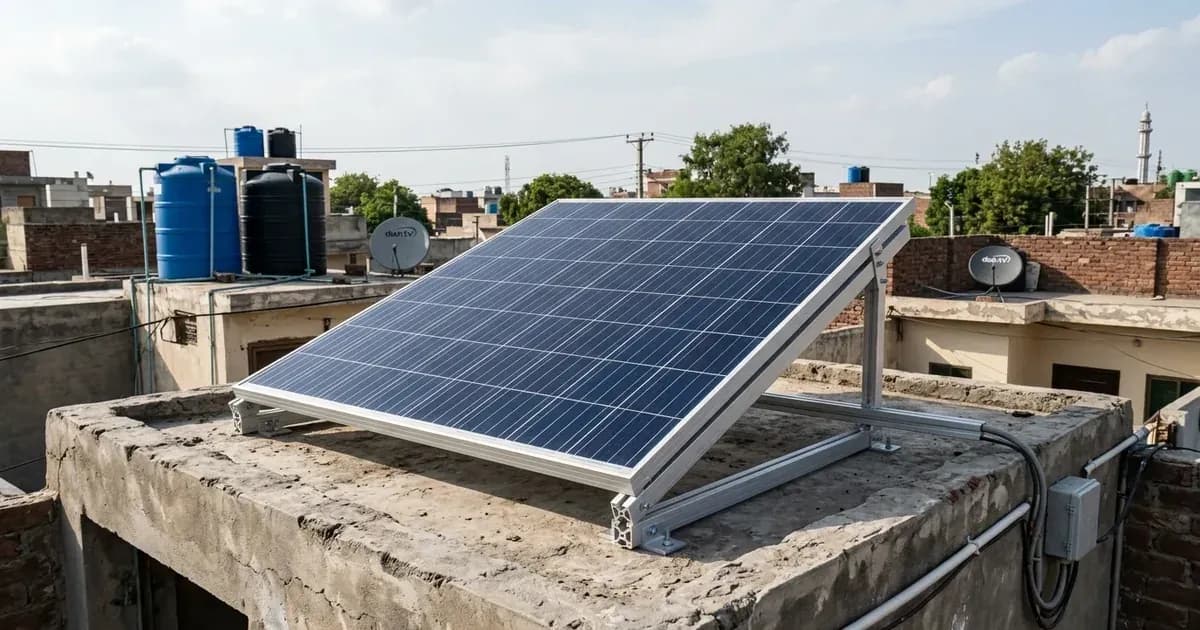 A solar panel mounted on aluminum framing atop a residential concrete rooftop with neighborhood views. — SolarNevs spec card