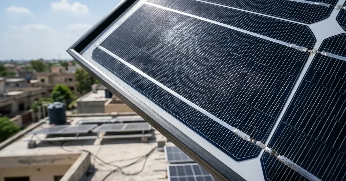 Close-up of high-efficiency solar panel cells with a residential rooftop solar array blurred in the background. — SolarNevs spec card