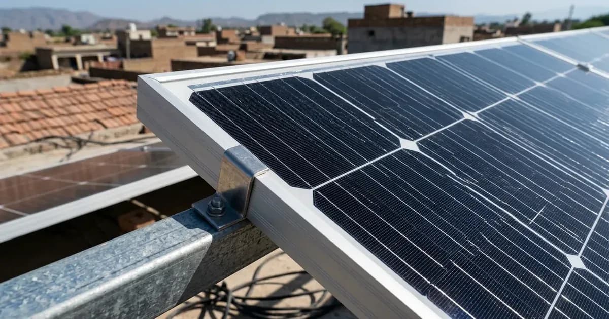 A close-up of a solar panel frame and corner clamp installed on an elevated rooftop mounting system. — SolarNevs spec card