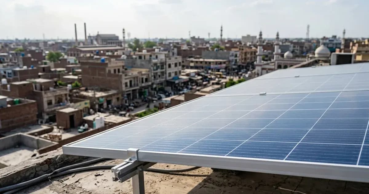 Solar panels installed on a concrete rooftop overlooking a dense urban cityscape with brick buildings. — SolarNevs spec card