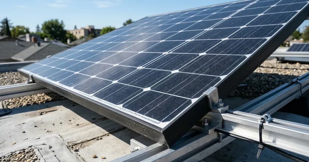 A close-up view of an N-type solar panel mounted on aluminum rails on a flat gravel rooftop under bright daylight. — SolarNevs spec card