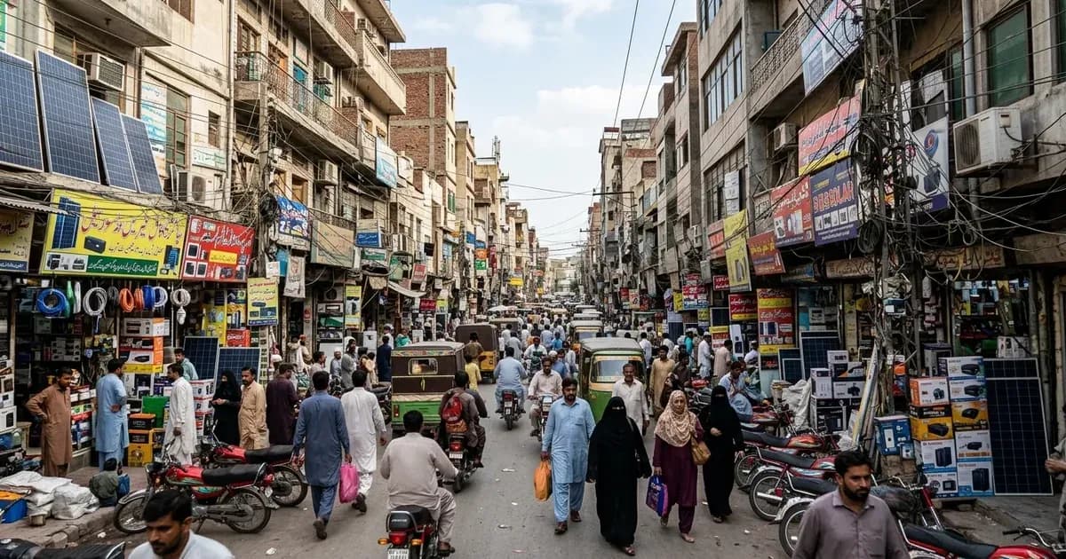 A crowded commercial market street lined with electronics and solar equipment shops with pedestrians and rickshaws. — SolarNevs spec card