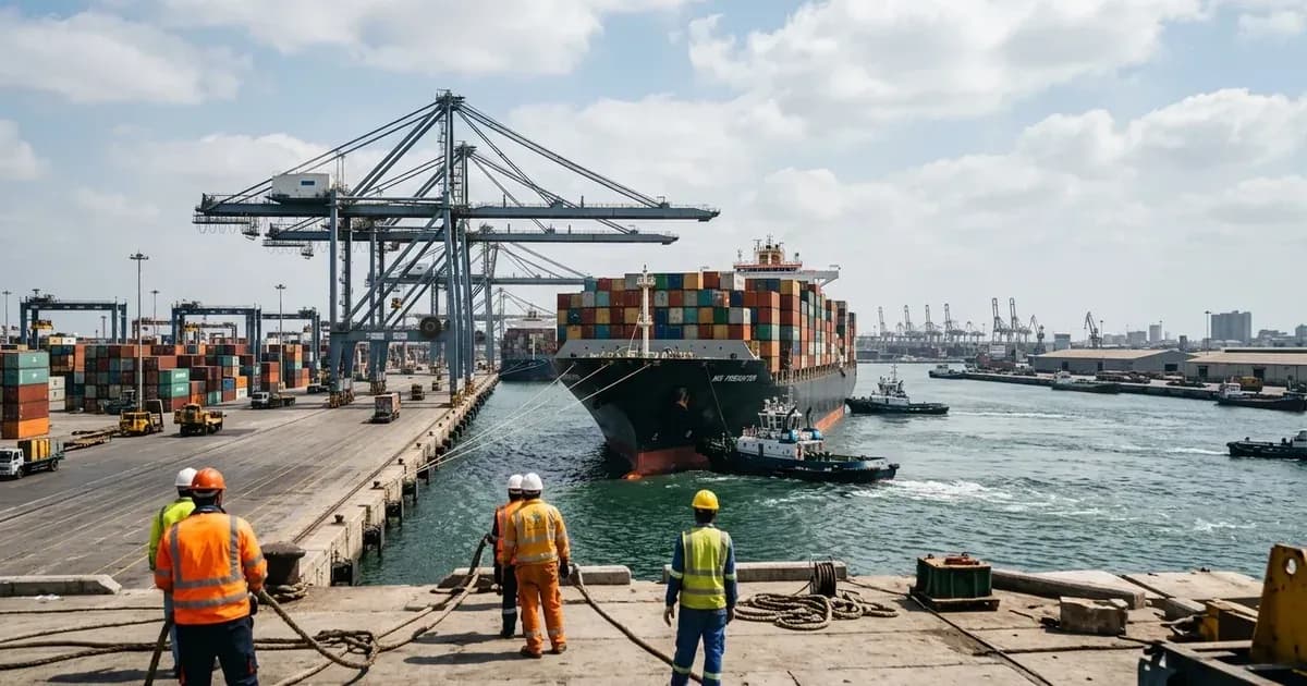 A large container ship docking at a shipping port terminal with cranes and dock workers watching from the pier. — SolarNevs spec card