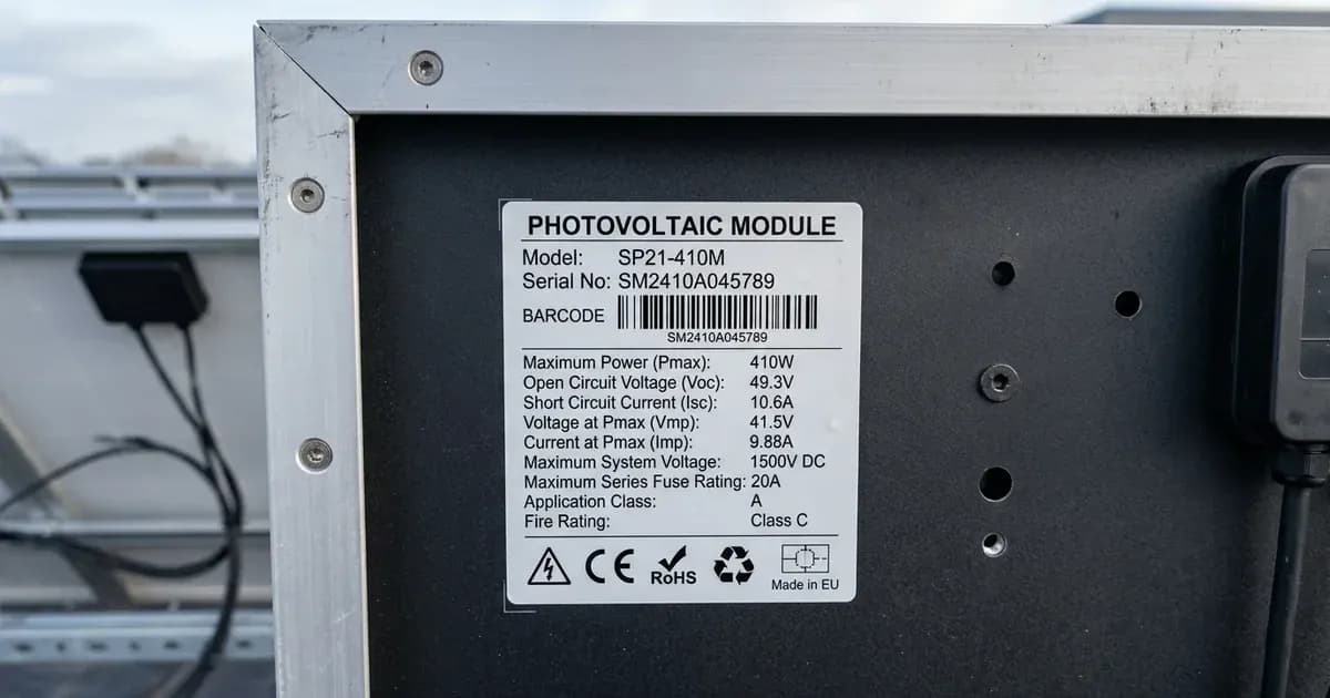 A technical rating label on the back of a solar panel showing a barcode, serial number, and electrical specifications. — SolarNevs spec card