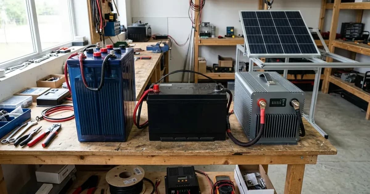A tubular battery, standard car battery, and lithium battery unit on a wooden workshop workbench with solar equipment. — SolarNevs spec card