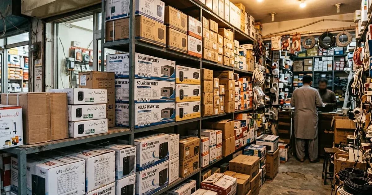 Shelves in an electrical shop stacked with boxed solar inverters, UPS units, and electrical cables. — SolarNevs spec card