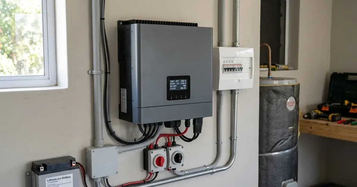 Wall-mounted grey hybrid solar inverter with digital display screen, conduit wiring, and disconnect switches. — SolarNevs spec card