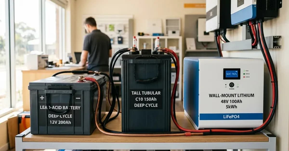 Lead-acid battery, tall tubular battery, and lithium iron phosphate battery unit displayed on a workbench. — SolarNevs spec card