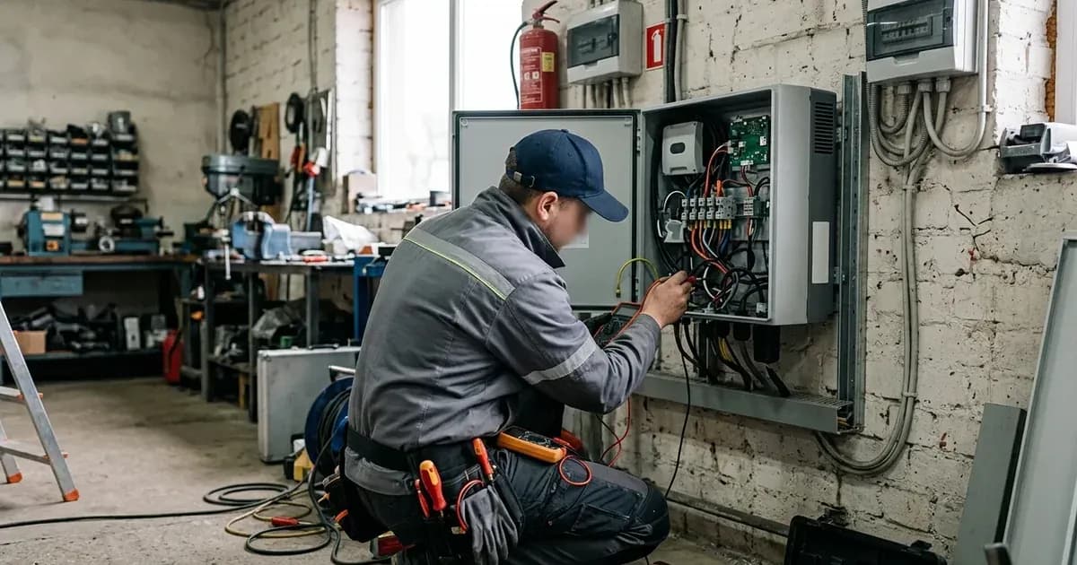 A technician examining the internal wiring of an open electrical inverter box in a workshop. — SolarNevs spec card