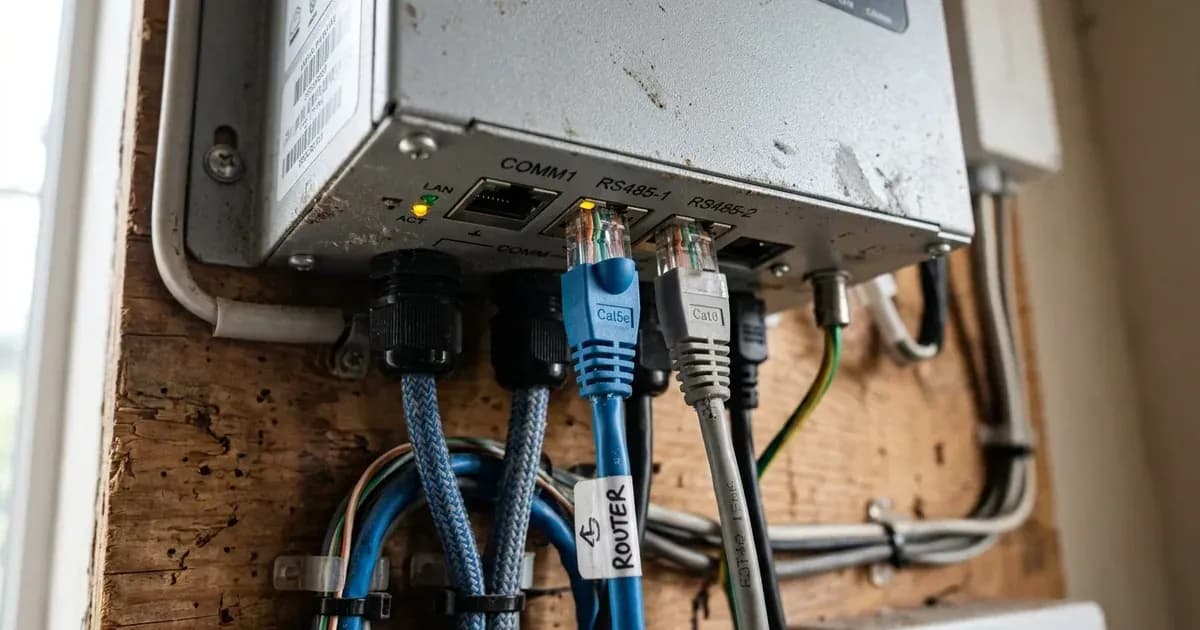 Close-up of RJ45 communication network cables plugged into the bottom communication ports of an inverter. — SolarNevs spec card