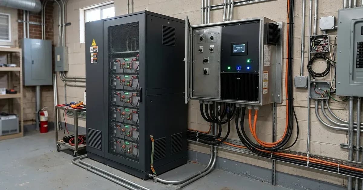 High-voltage battery rack and control management cabinet installed in a utility basement. — SolarNevs spec card