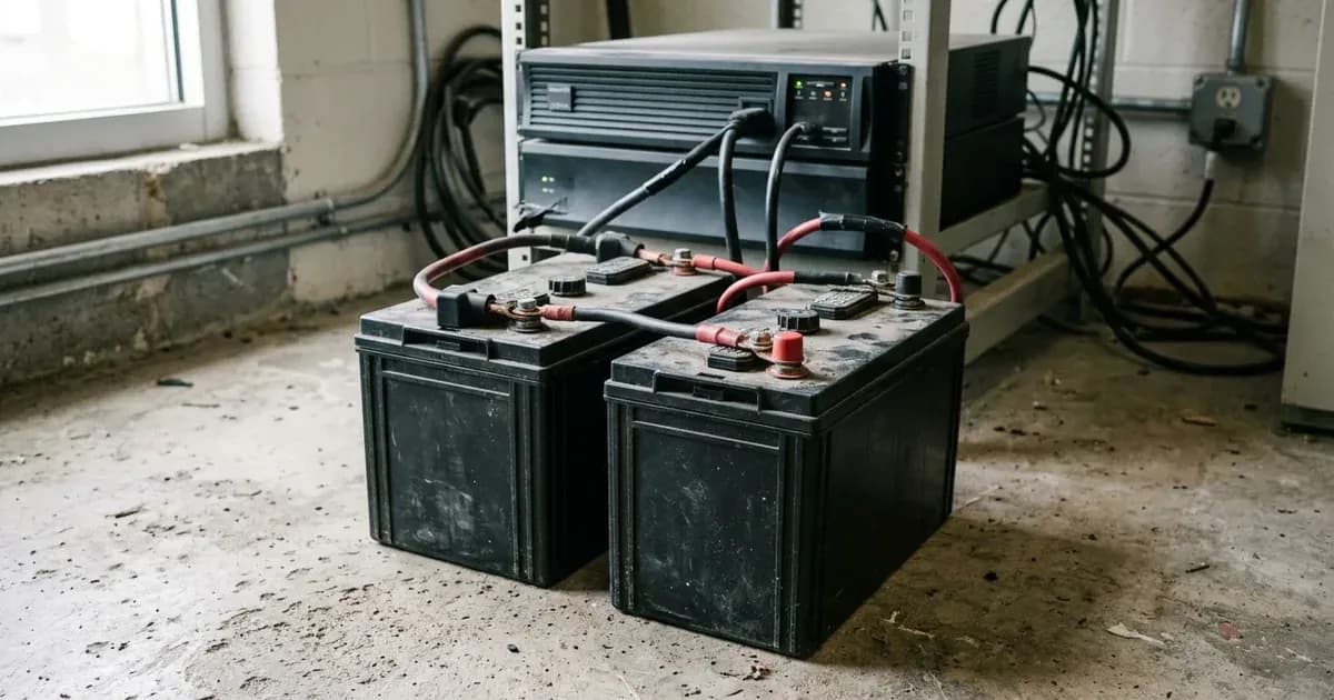 Two black deep-cycle batteries wired together on the floor in front of a power inverter rack. — SolarNevs spec card