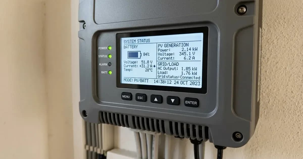 Close-up of a solar inverter digital LCD display showing battery status and operating voltage. — SolarNevs spec card