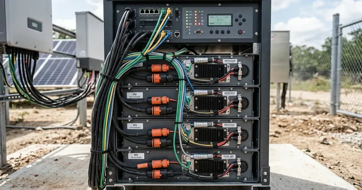 Modular high-voltage battery stack with wired communication ports and control distribution unit. — SolarNevs spec card