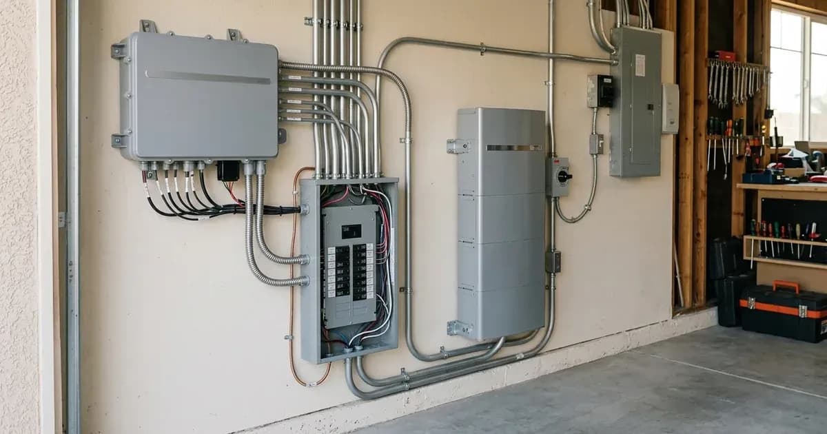 A residential solar system controller, battery storage unit, and electrical subpanel mounted on a garage wall. — SolarNevs spec card