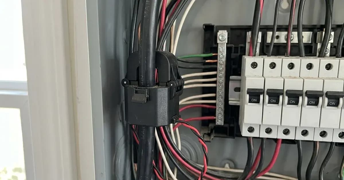 A black current transformer CT clamp attached around a thick main wire beside circuit breakers in a panel. — SolarNevs spec card