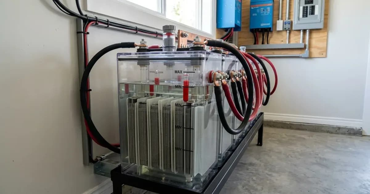 A bank of tall tubular deep-cycle solar batteries with electrolyte floats on a metal stand in a utility room. — SolarNevs spec card
