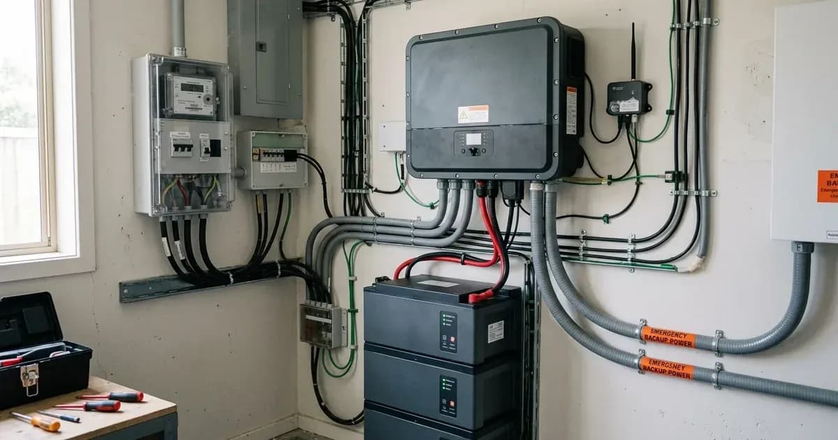 A wall-mounted solar hybrid inverter with battery storage, wiring conduits, and distribution panels in a garage. — SolarNevs spec card
