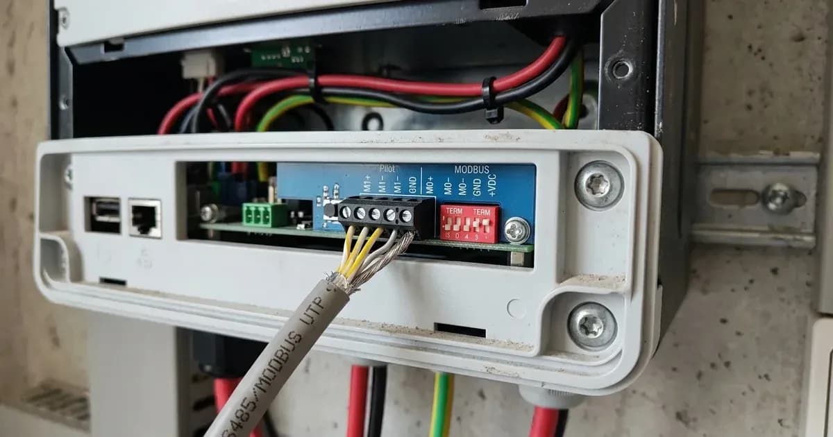 Close-up of inverter communication card with connected Modbus cable and red termination resistor switches. — SolarNevs spec card