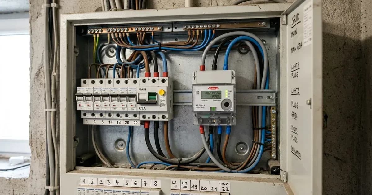 Digital smart energy meter mounted on a DIN rail inside an open electrical panel beside circuit breakers. — SolarNevs spec card