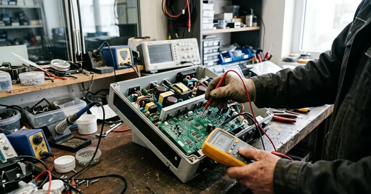 Technician testing internal circuit board of a solar inverter with a digital multimeter on a repair workbench. — SolarNevs spec card