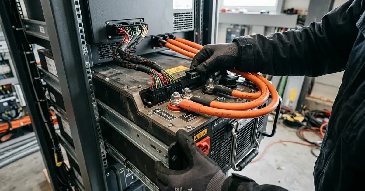 Installation of a rack-mounted lithium battery module showing thick orange DC cables and BMS wiring harness. — SolarNevs spec card