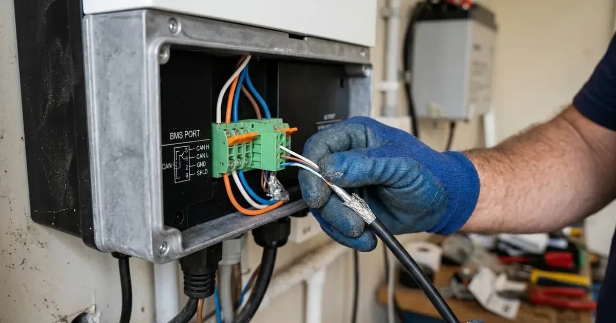 Electrician inserting shielded communication wires into the green BMS terminal block of a hybrid inverter. — SolarNevs spec card