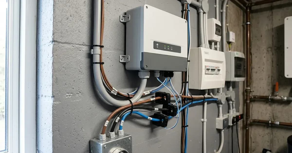 A wall-mounted energy controller unit wired with conduit, electrical cables, and current transformer clamps. — SolarNevs spec card