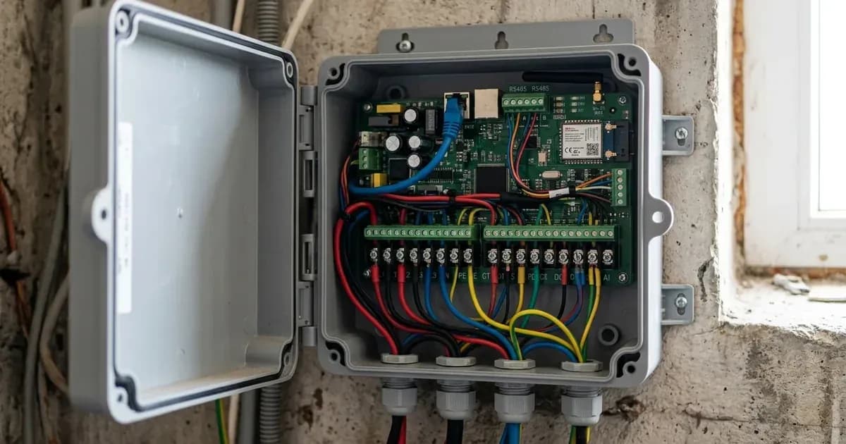Open electrical enclosure showing terminal blocks, circuit board, ethernet cable, and color-coded wiring. — SolarNevs spec card