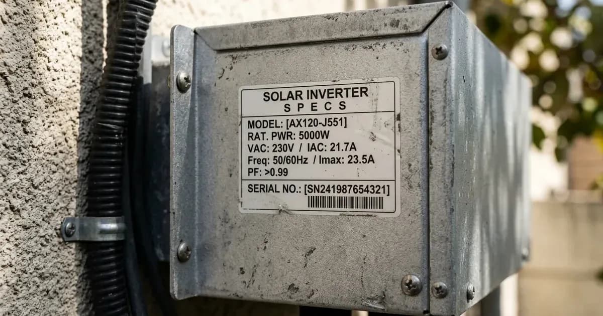 Close-up view of a product specification and serial number label attached to a metal solar inverter enclosure. — SolarNevs spec card