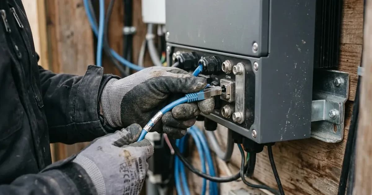 Gloved technician plugging a blue shielded communication cable into an RJ45 port on an inverter unit. — SolarNevs spec card