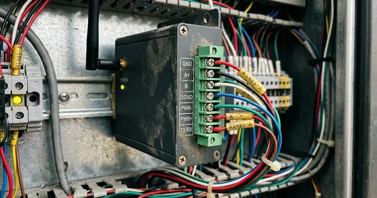 Close-up of a compact communication module with labeled screw terminals wired with RS485 signal cables. — SolarNevs spec card