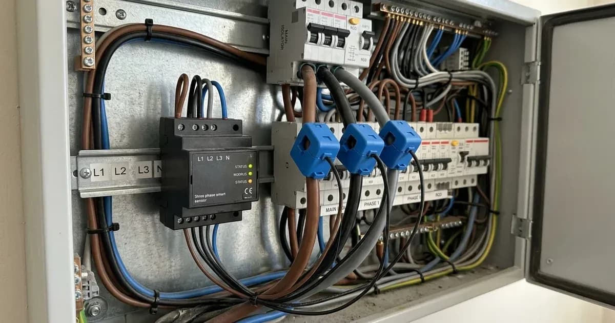 Distribution panel with three blue current transformer clamps clipped around incoming cables beside a power sensor. — SolarNevs spec card