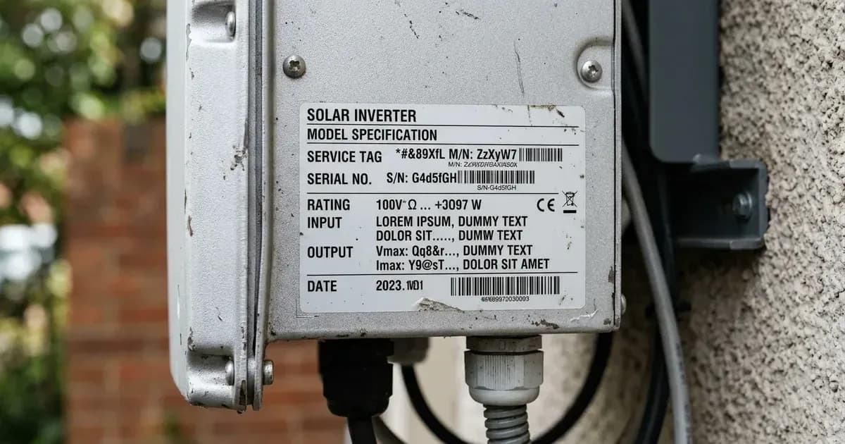 Manufacturer specification sticker and service tag on the side of a mounted metal solar inverter. — SolarNevs spec card