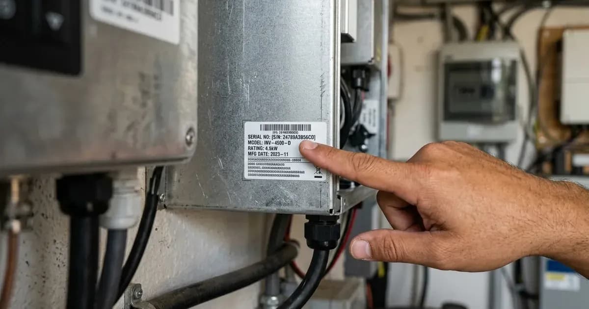 A hand pointing to a barcode and serial number label affixed to the metal casing of an inverter unit. — SolarNevs spec card
