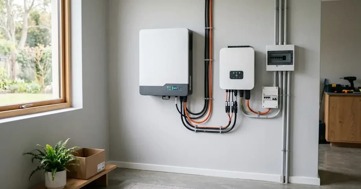 A wall-mounted solar lithium battery and inverter installed with conduit wiring in a modern home. — SolarNevs spec card